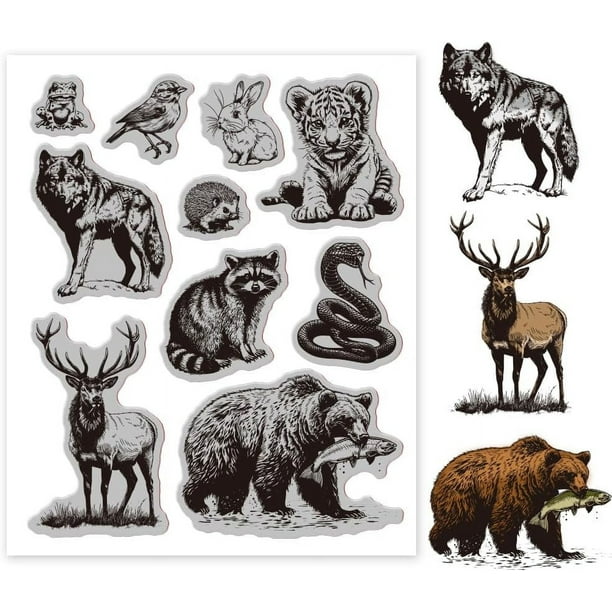 Sello de goma con diseño de animales del bosque, 18 x 22 cm, con diseño de lobo, tigre, oso y ciervo. Sellos de goma EVA para repujado.