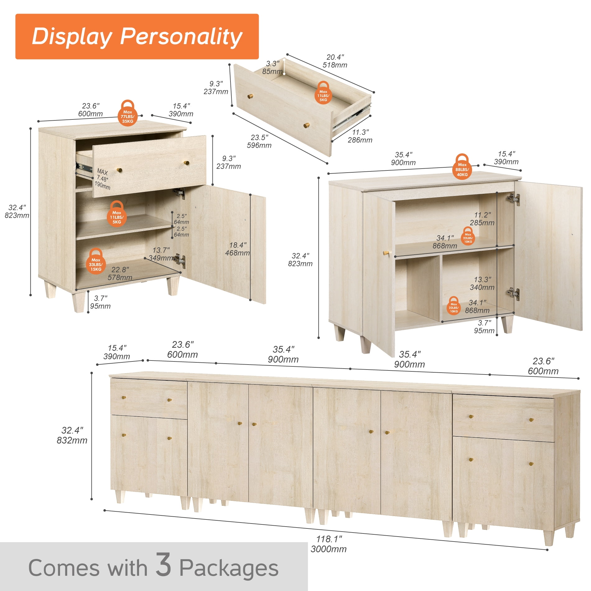 WAMPAT Wide TV Stand for 110+ Inches TVs, 4-in-1 Modern Wooden Media Console with 2 Spacious Drawers and 4 Storage Cabinets for Living Room, Light Oak