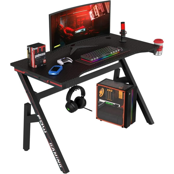 BestOffice 47" Gaming Desk – Ergonomic, Carbon Fiber Surface, Cup Holder & Headphone Hook for Home Office or Gaming Setup, Red