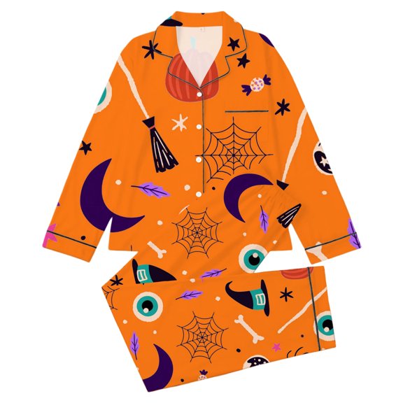 RUTAYY Girls Pajama Set Halloween Cute Graphic 2 Piece Sleepwear Long Sleeve Notch Neck Kids Evening Relax Wear Orange