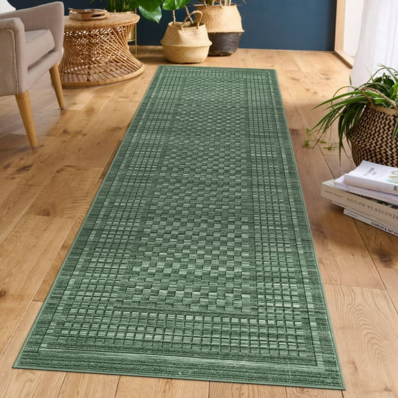 HOMERRY Geometric Plaid Runner 2' x 6' for Hallway Modern Washable Throw Rugs for Kitchen Indoor Carpet, Green