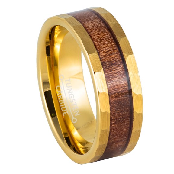 8mm Mens Yellow Gold Tungsten Wedding Band, Hawaiian Wood Inlay Pipe Cut Promise Ring - TN970WAs8