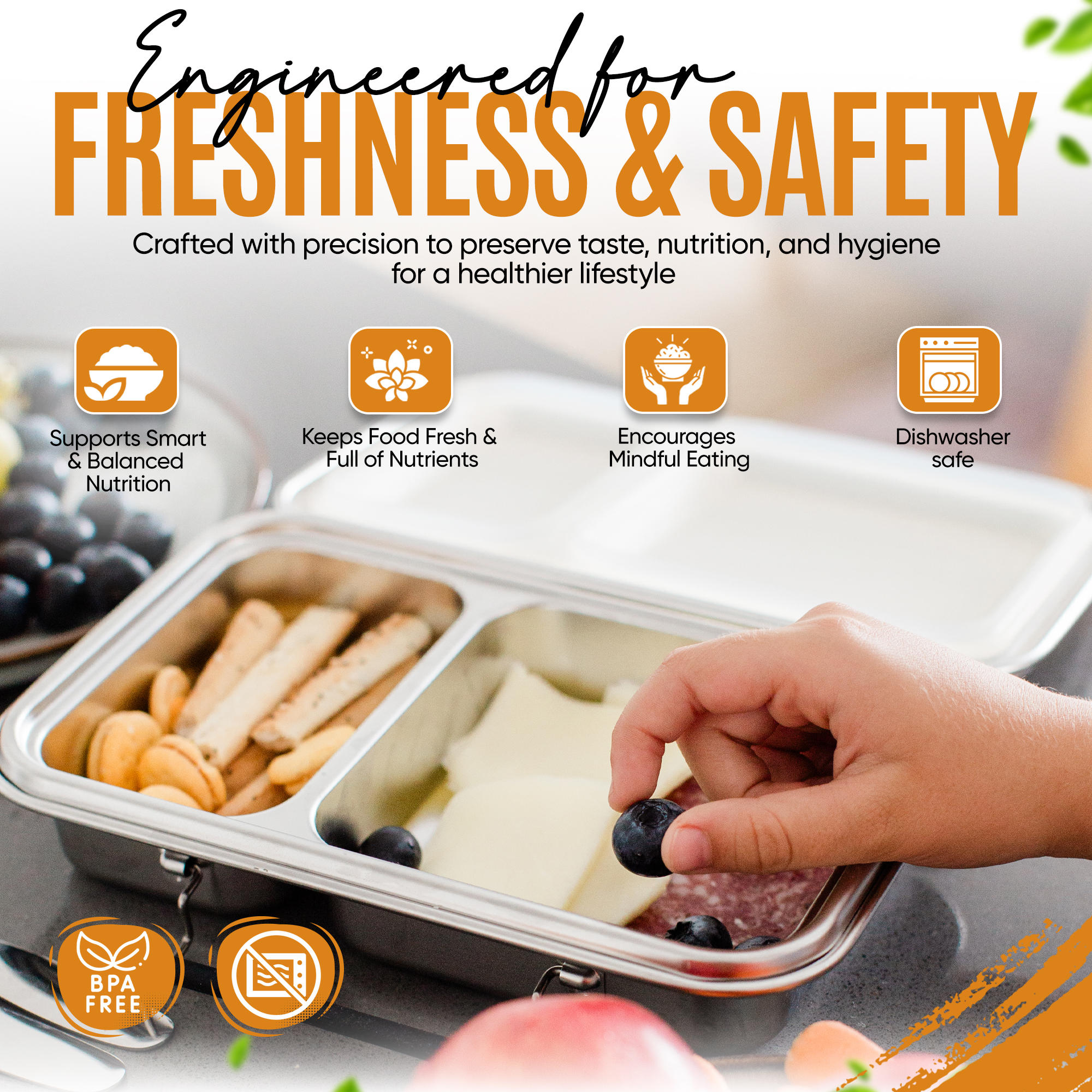 ZandH Global Stainless Steel Bento Lunch Box, 2 Compartments w/Utensils, Leak Resistant and Dishwasher Safe.
