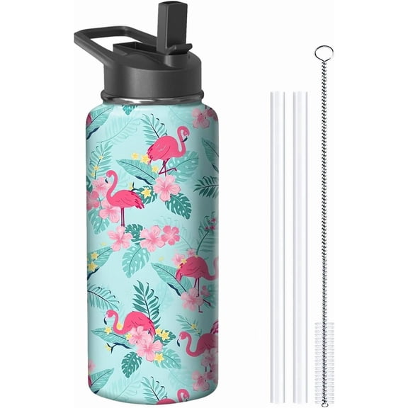 32oz Flamingo Water Bottle with Handle and Flip Straw, Animal Sports Stainless Steel Insulated Cup Travel Coffee Mug Tumbler, Birthday Mothers Day Chritmas Gifts for Women