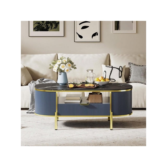 Ourlova Coffee Table Oval 48 Inch Faux Marble Coffee Table With Storage Drawer and Gold Legs Modern Fluted Accent Table Glam Center Table For Living Room