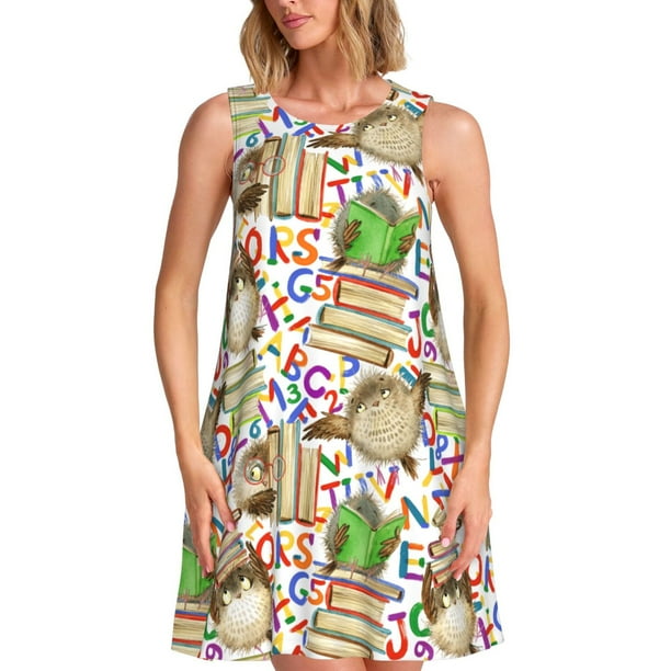 Easygdp Owl Back To School para Vestido Transpirable de Mujer, Vestido Suelto de Manga Corta con Pliegues y Bolsillos para el Verano