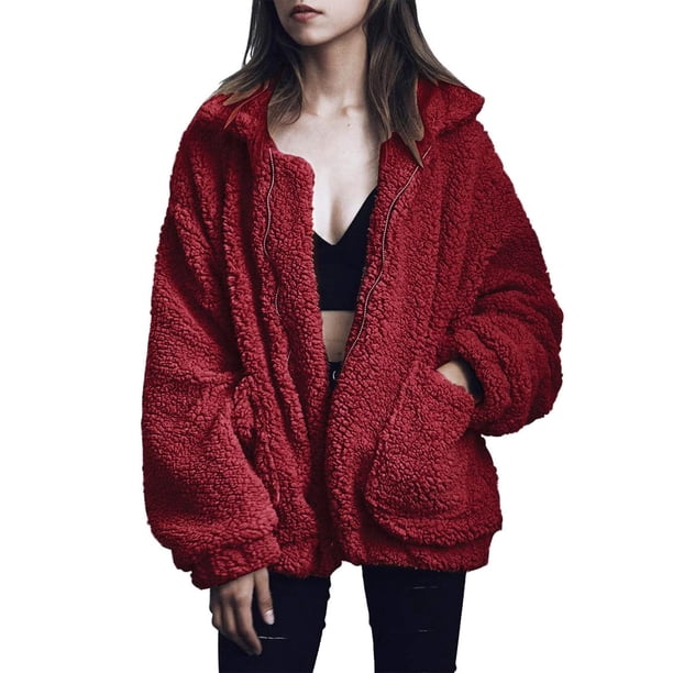 Abrigo PRETTYGARDEN de Forro Sherpa de Piel Sintética Vino Oversize 3XL