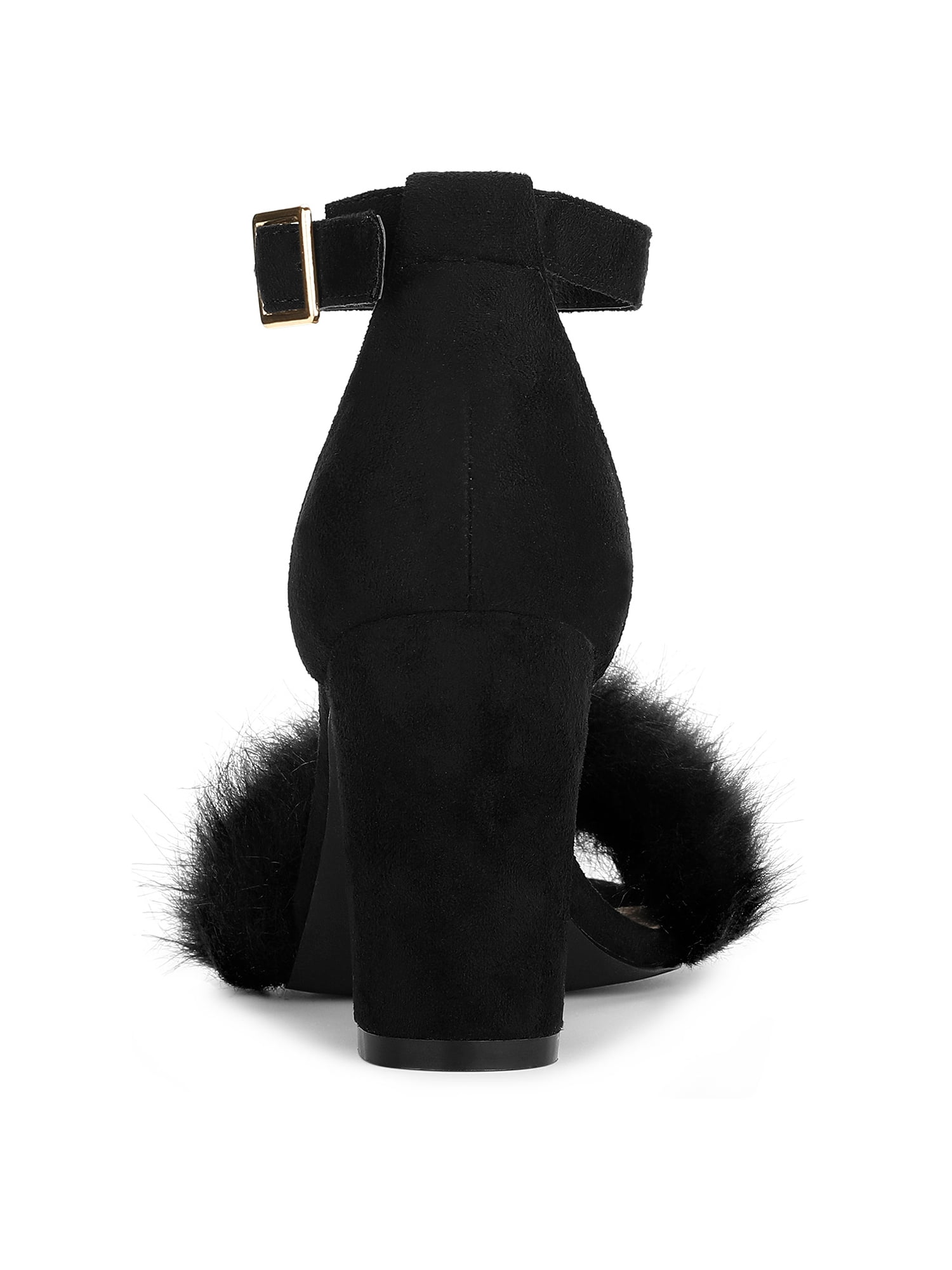 DARING DIVA Women's Ankle Strap Faux Fur Block Heels Beige Sandals for Wear Black 9