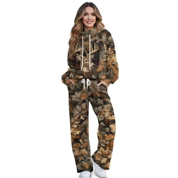 Uorisanigo Mock Neck Sweatshirt with Wide Leg Sweatpants Matching Set Deer Camo Hunting Lounge Sets for Women Tracksuit 2 Piece Fall Outfits Drawstring Activewear Oversized Jogging Suit