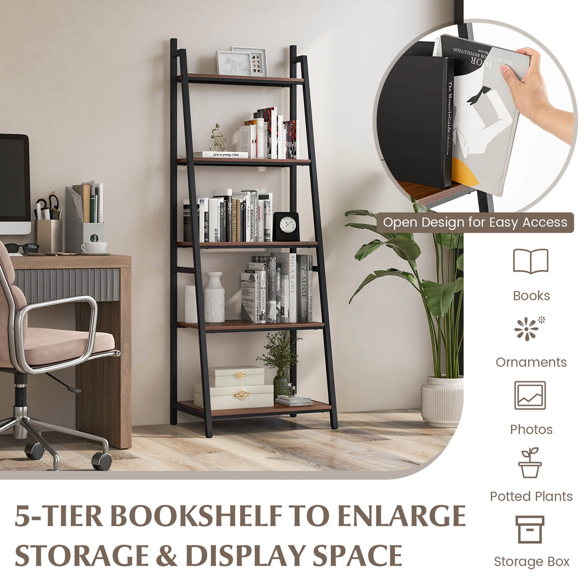 Costway Industrial Ladder Shelf Rustic 5 Tier Leaning Bookshelf Wood Metal Bookcase