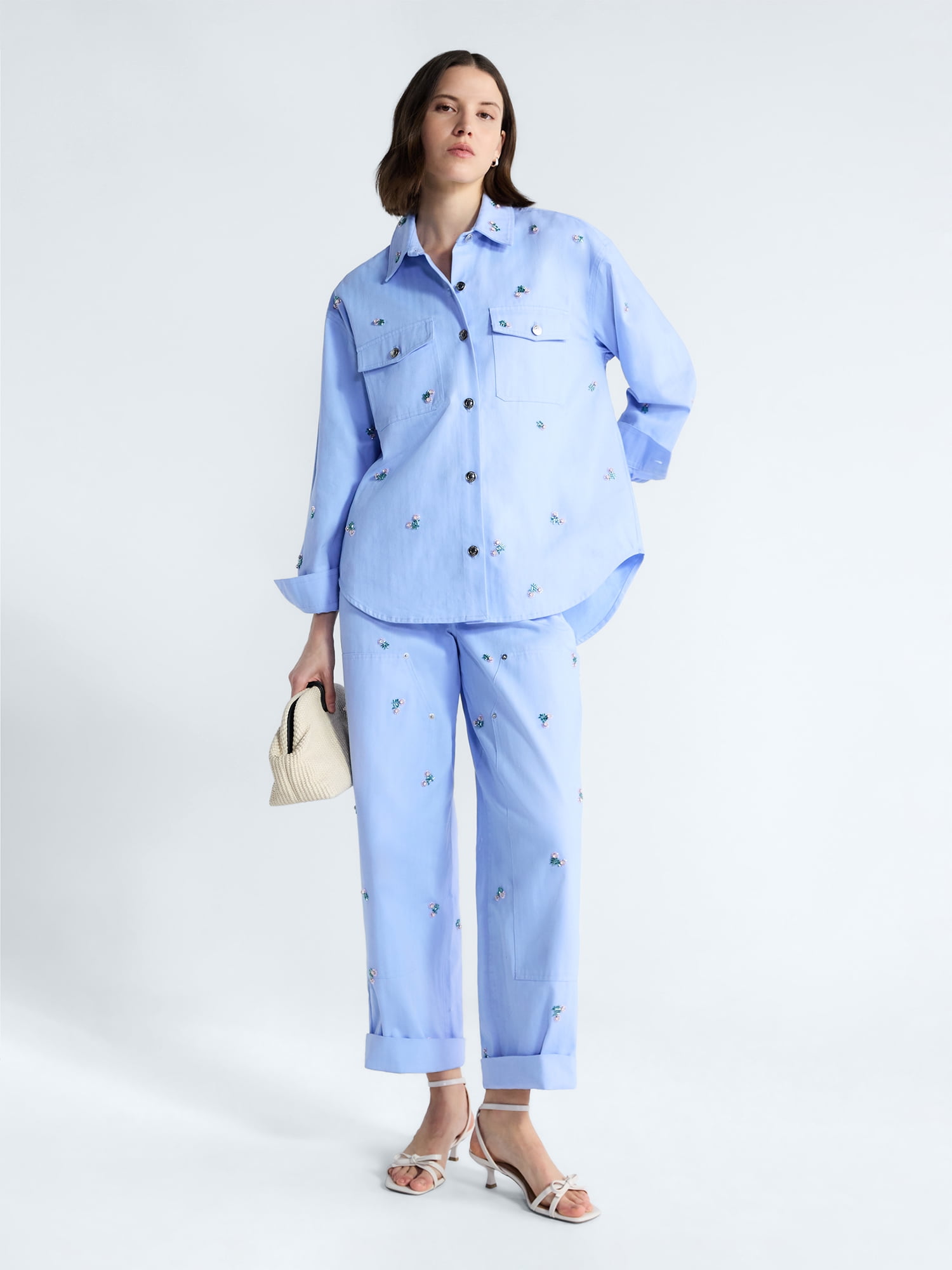 Free Assembly Women's and Women's Plus Embellished Cotton Utility Shirt with Long Sleeves, Sizes XS-4X