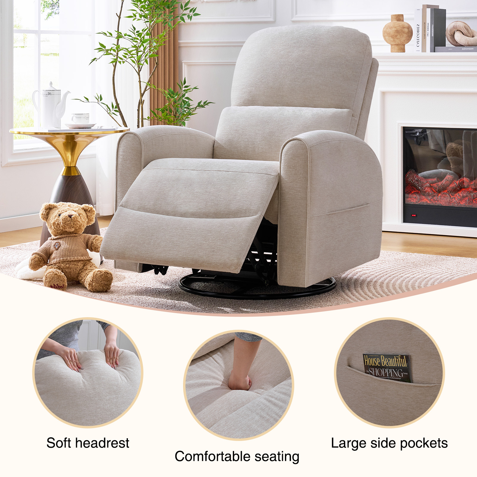Aemeios Manual Recliner Swivel Chenille Glider Chair with Adjustable Headrest, Camel