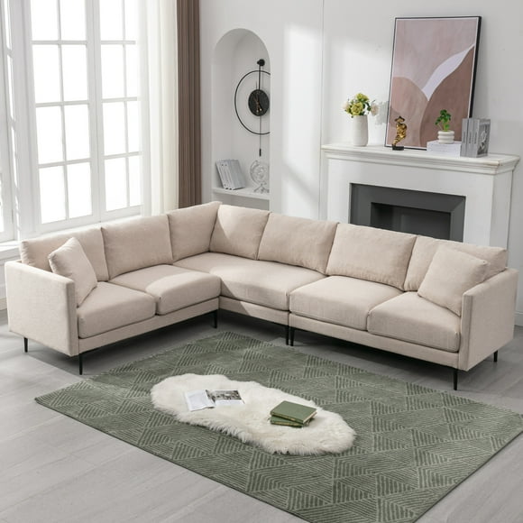 ZAFLY L Shaped Sectional Sofa, 6 Seater Corner Modular Sofa, Living Room Furniture Sets - Beige