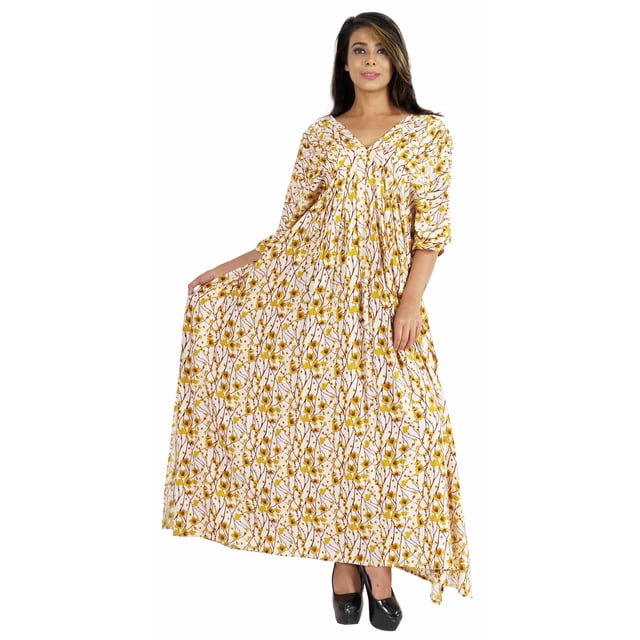 Moomaya Robe de Nuit Longue Maxi pour Femmes, Cache-Maillot Imprimé à Manches Kimono, Maxi Kaftan, Robe de Nuit, Vêtement de Nuit