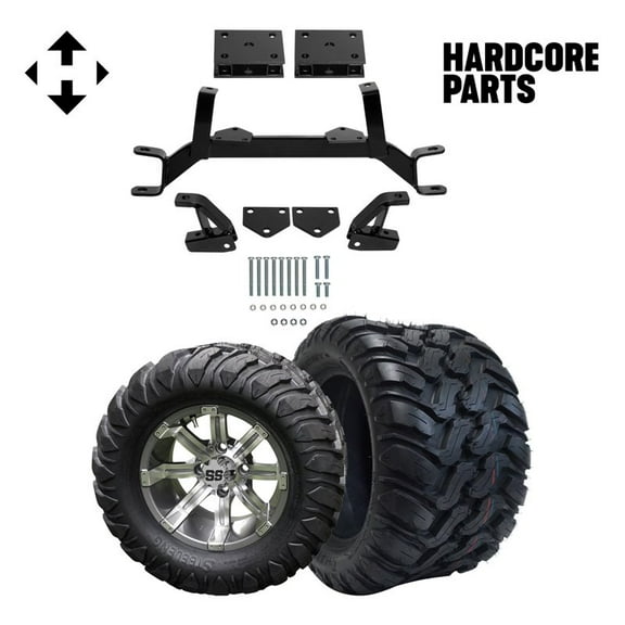 Hardcore Parts 4" Drop Axle Lift Kit for EZGO TXT/PDS (1994.5-2001.5) Gas Golf Cart with 12" Machined/Gunmetal 'Tempest' Wheels and 22"x11"-12"  DOT rated Mud-Terrain/All-Terrain tires
