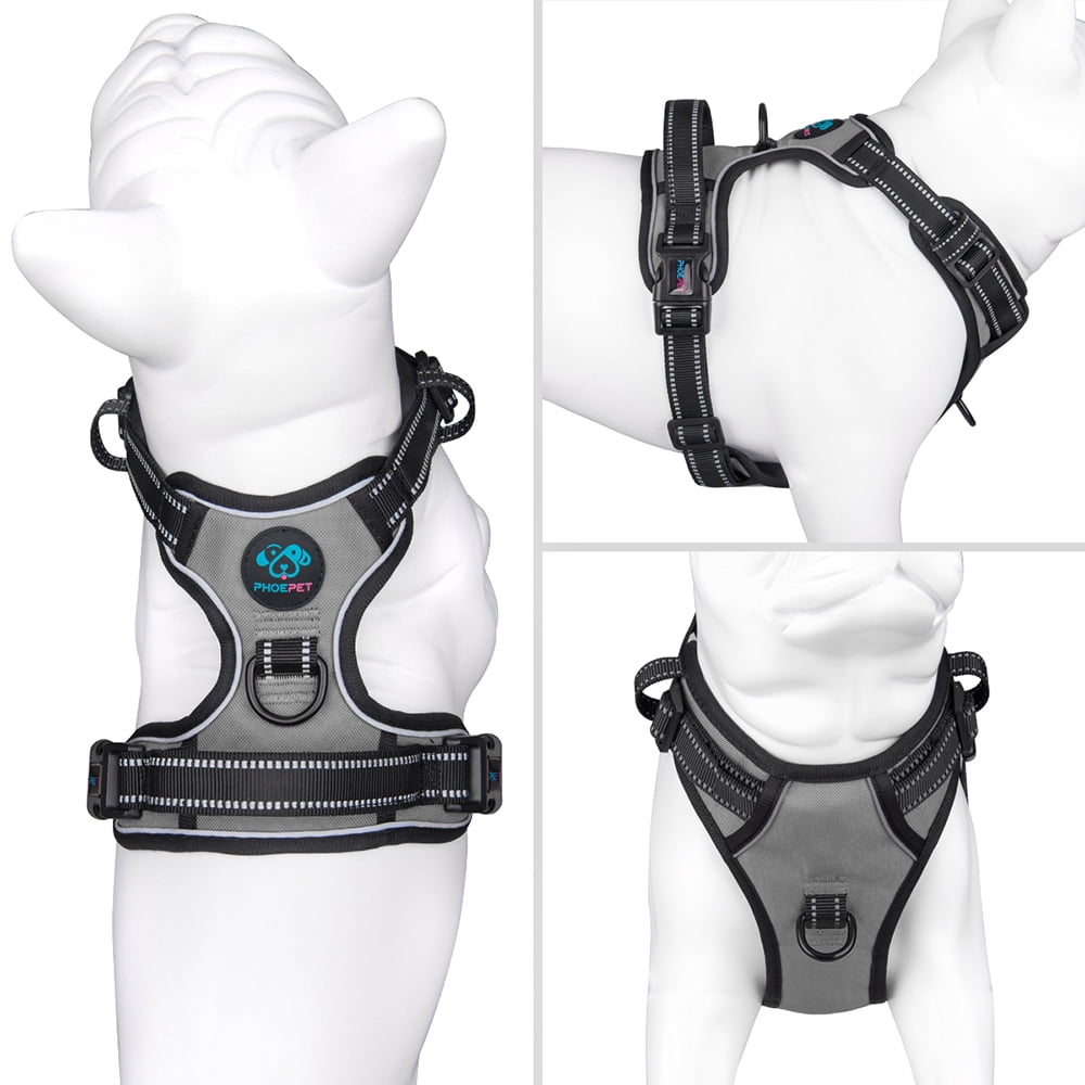 PHOEPET No Pull Dog Harness Medium Reflective Front Clip Vest with Handle, Adjustable 2 Metal Rings 2 Buckles,Grey