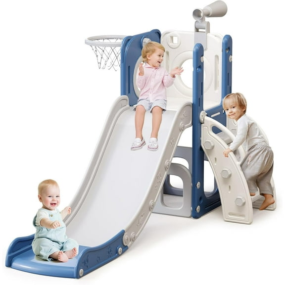 EAYSG 6 in 1 Toddler Slide for Toddlers Age 1-3, Extra-Long Slide with Basketball Hoop Indoor and Outdoor Baby Climber Playset Playground Freestanding Slide (White Blue)