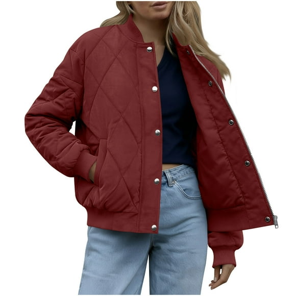 Fall Jackets for Women Lightweight Quilted Jackets No Hood Casual Zip up Thicken Warm Winter Down Coats with Pocket Snap Front