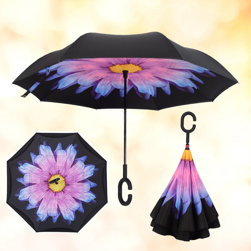 Flowers And Birds Double Layer Windproof UV Protection Reverse Umbrella With C-Shaped Handle Upside-Down Inverted Umbrella For Car Rain Outdoor