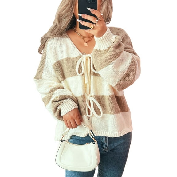 Women'S Loose Casual V-Neck Long-Sleeved Sweater Jacket Striped Contrast Lace-Up Knitted Cardigan Khaki S