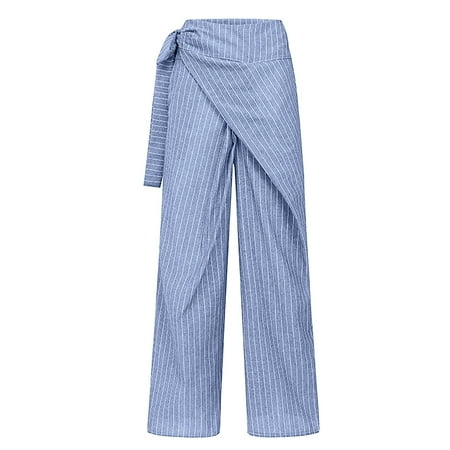 

Dadaria Summer Work Pants for Women Casual Lightweight Stripe Kink with Pocket Loose Straight Trousers Pants Sky Blue L Female