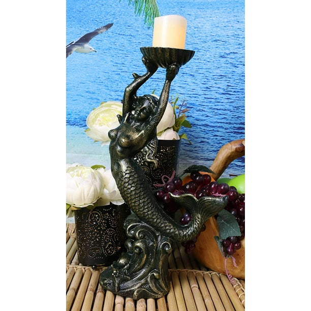 Ebros Cast Iron 15.25" Tall Under The Sea Mermaid Holding Up Sea Shell