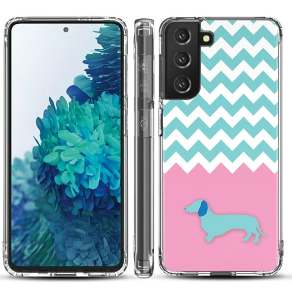 Shockproof Hybrid Bumper Phone Case for Samsung galaxy S21  5G / S21 Plus 5G, by OneToughShield ® - Chevron/Dachshund/Puppy