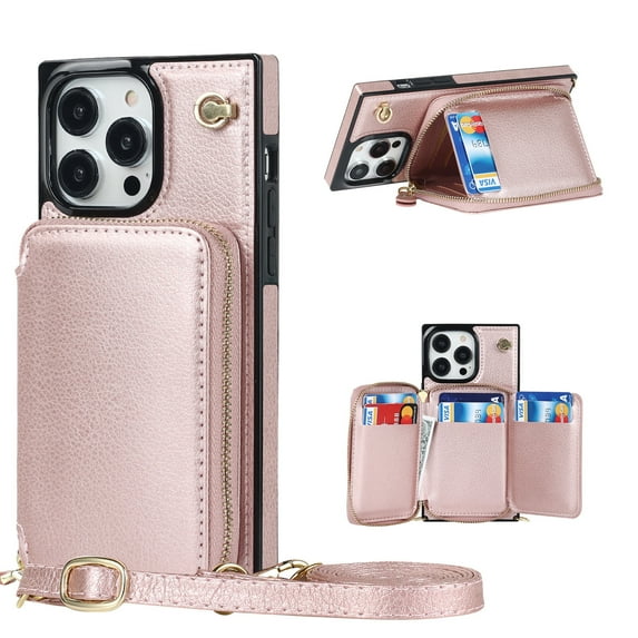 Luxury Wallet Case Compatible with iPhone 14 Pro 6.1 inch,Zipper Closure Luxary PU Leather with Phone rope Card Slot Card Holder Stand Shockproof Kickstand Case for iPhone 14 Pro 6.1 inch, Rosegold