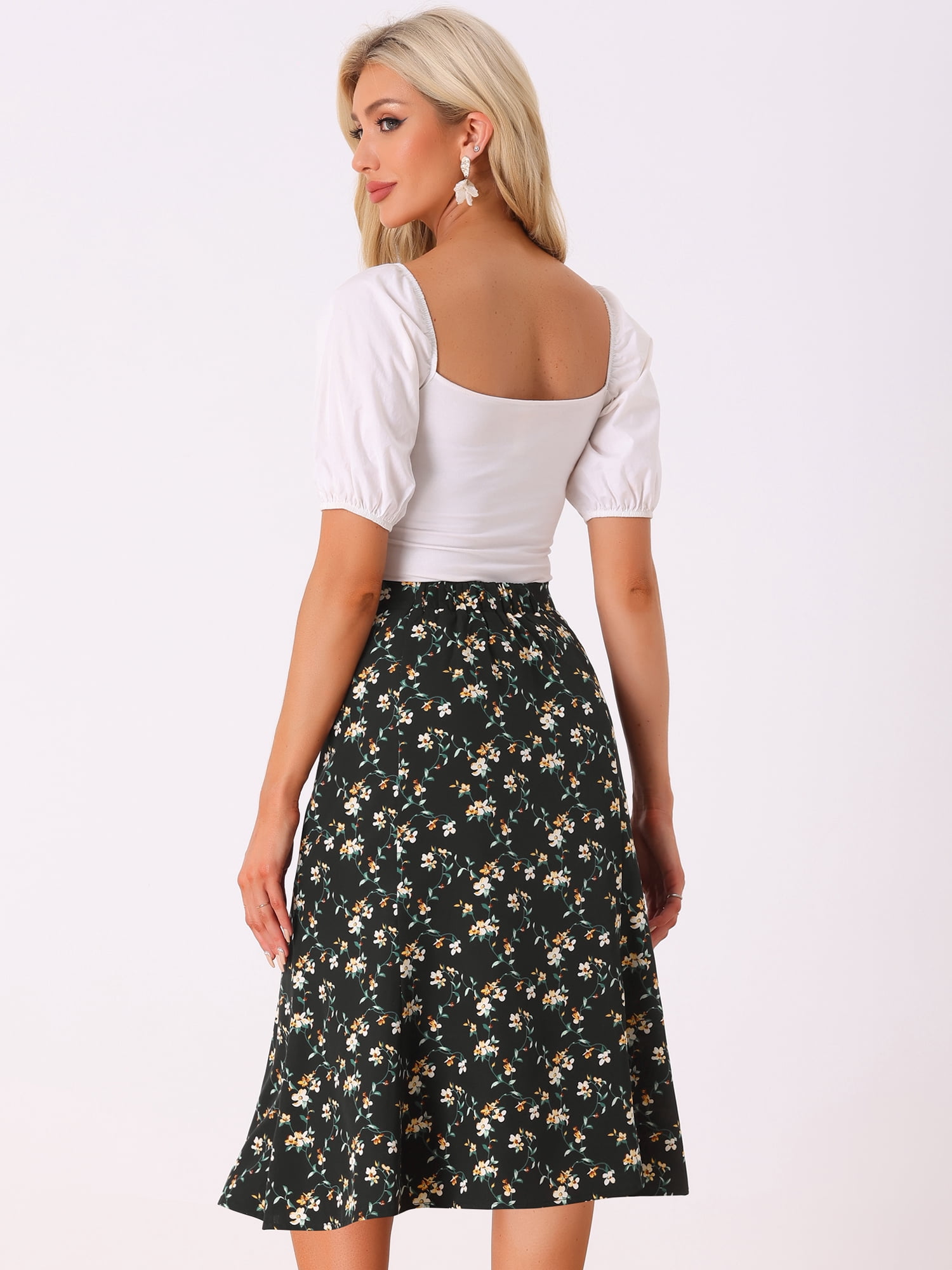 DARING DIVA Women's Elastic Waist A-Line Floral Print Midi Skirt S Black White