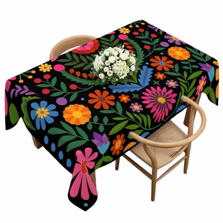 Rectangle Tablecloth Abstract Boho Flower Floral on Black Waterproof Table Cloth 60x120 in Aesthetic Botanical Washable Spillproof Table Cover for Kitchen Dining Party Decor Outdoor Camping