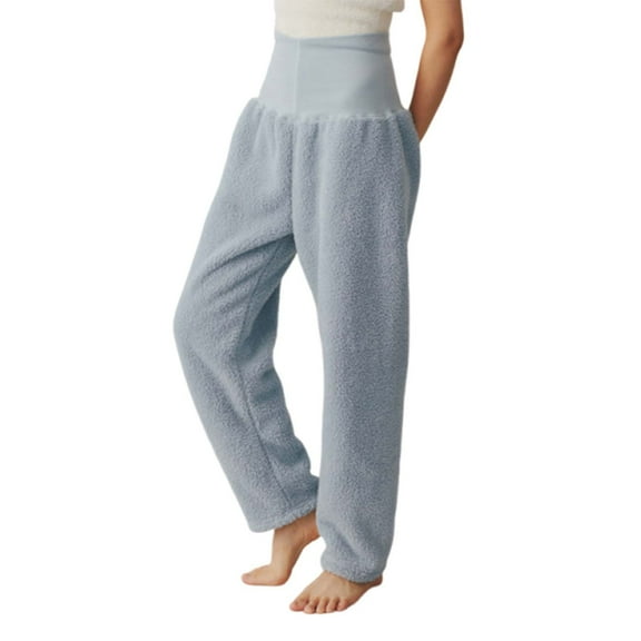Lenpel Women's Plus Size Fleece Pajama Pants Fuzzy Warm High Waisted Straight Leg Plush Lounge Pants Thermal Cozy Pj Bottoms(Sky Blue,X-Large)