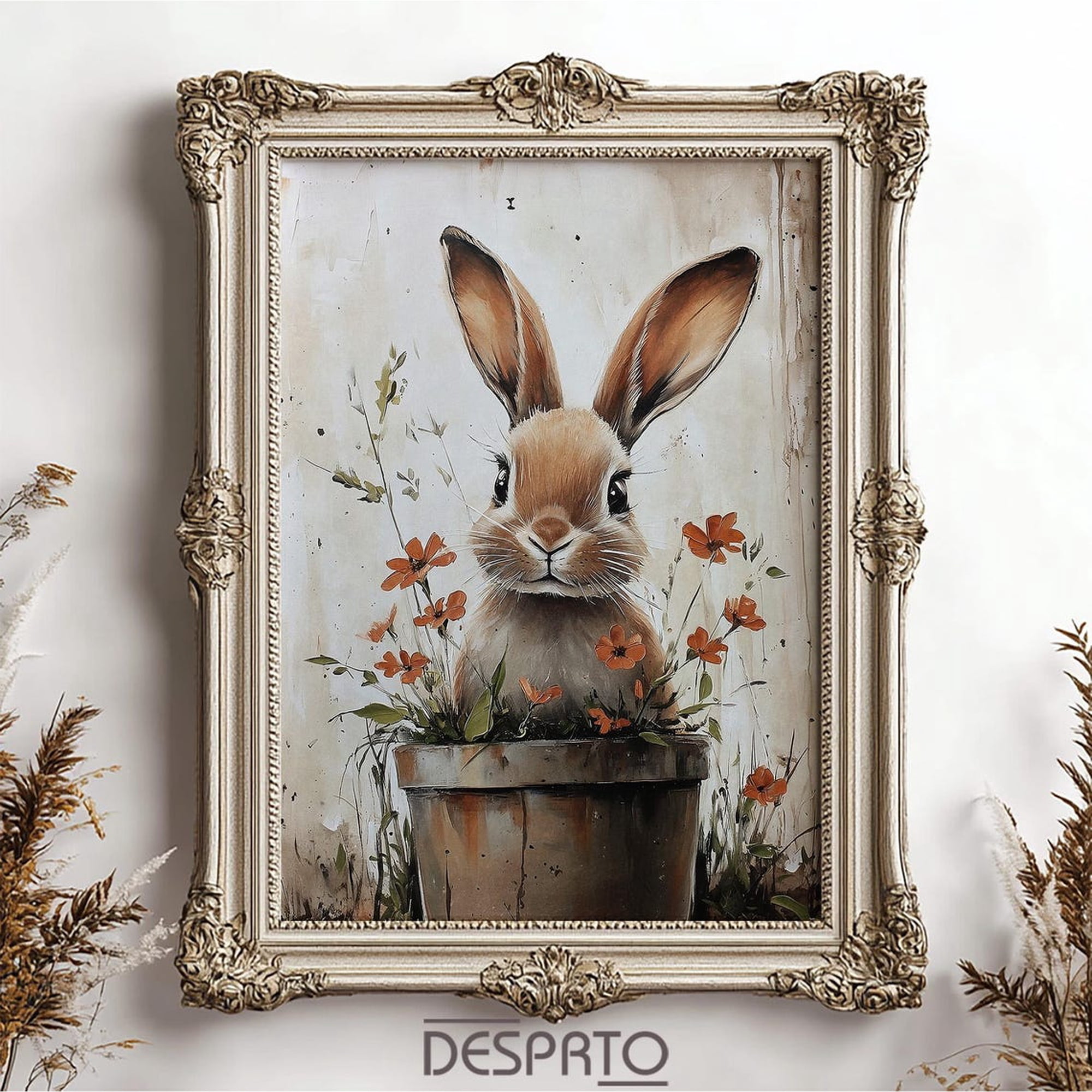 Easter Bunny Rabbit In Flower Pot Nursery Poster Rustic Cottagecore Animal Vintage Nursery And Gallery Wall Decor