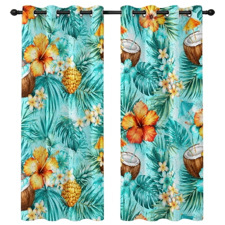 Summer Flowers Blackout Curtains 96 Inches Long Coastal Tropical Green Palm Leaf Orange Floral Coconut Thermal Insulated Room Darkening Drapes with Grommets for Living Room 52 W x 96 L 2 Panels
