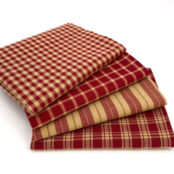Primitive Red Assorted Plaid Gingham Homespun Cotton Fabric Bundle - Set of 4 Fat Quarters by JCS