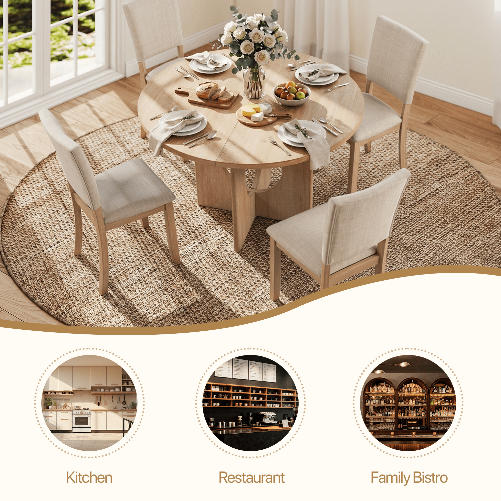 Aukfa Farmhouse Wood Light Oak Upholstered Round Dining Set, 5-Piece