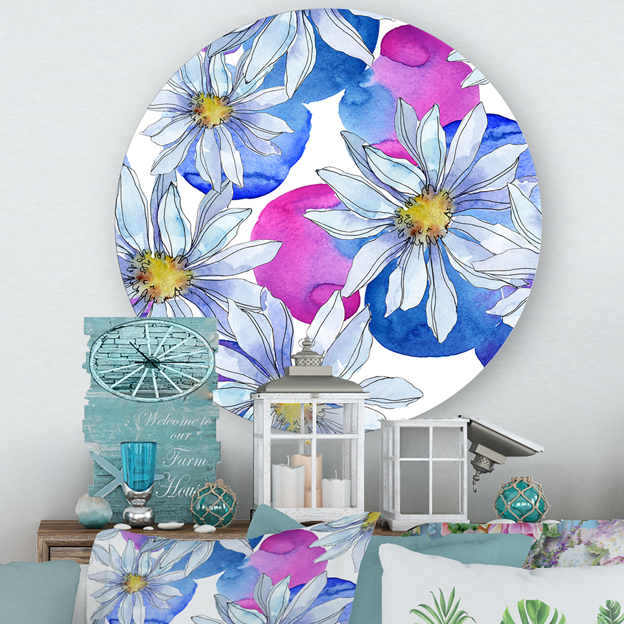 Designart 'Daisies On Red and Blue Backgorund' Traditional Circle Metal Wall Art 11x11 - Disc of 11
