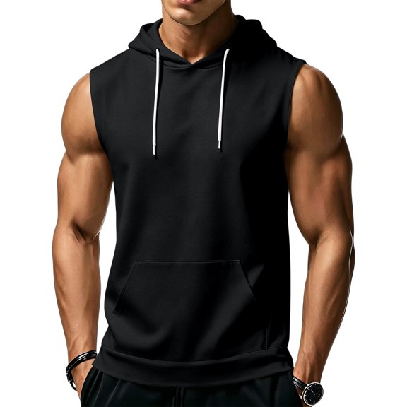 Havenx Men Workout Hooded Tank Tops Sleeveless Drawstring Hoodies with Pockets Solid Color Shirt Sports Training Bodybuilding Athletic Muscle Gym Streetwear,Black XL