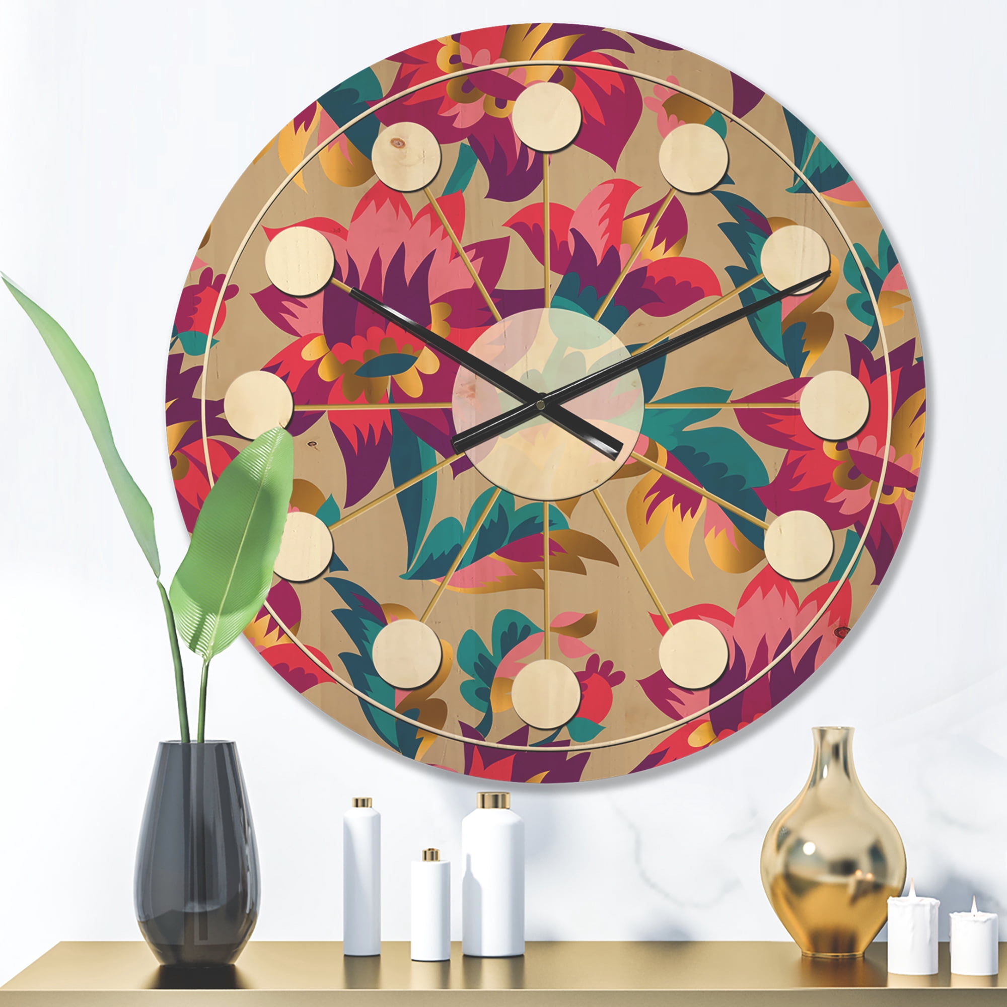 Designart 'Elegant blossom Retro pattern' Mid-Century Modern Wood Wall Clock