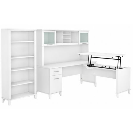 Bush Furniture Somerset Sit to Stand L Shaped Desk with Hutch and Bookcase, White