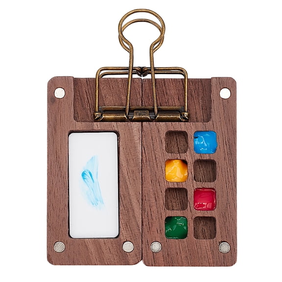 1set 1 set Portable Mini Watercolor Palette 8 Grids Black Walnut Wood Watercolor Paints Palette with Metal Clip Travel Watercolor Palette set for Art Painting Paints Storage Container