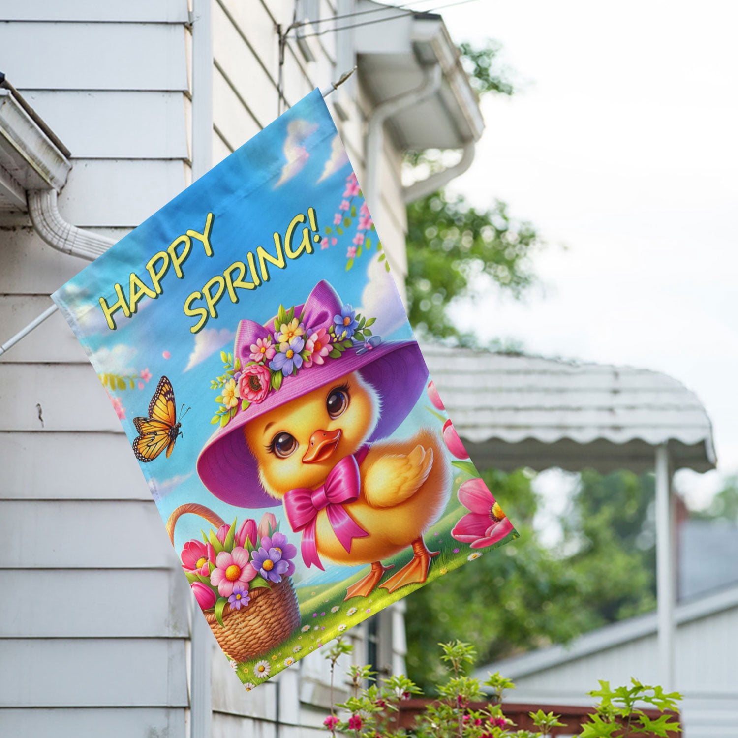America Forever Happy Spring Duck House Flag, 28 x 40 inch Double Sided, Cute Duckling Flower Basket Butterfly Spring Seasonal Outdoor Decorations Yard Flag