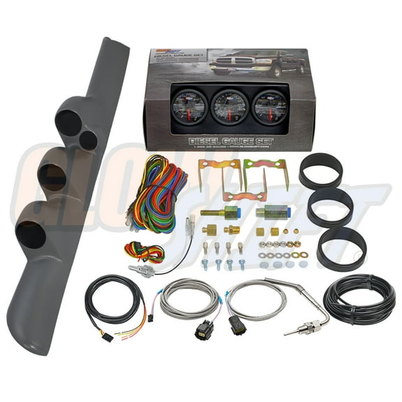 GlowShift | 1998-2002 2nd Dodge Ram 5.9 Cummins Gray Triple Pillar Pod with Black 7 Color Series 60 PSI Boost Gauge, 1500 Pyrometer Exhaust Gas Temperature Gauge & Trans Temp Gauge