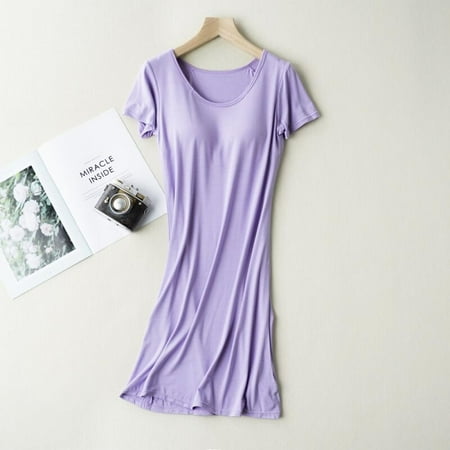 

DROPSHIPPING! Ladies Comfort Mid-long Lingerie Short Sleeve Nightdress Modal Sleepwear With Chest Pad y Spaghetti Nightdress