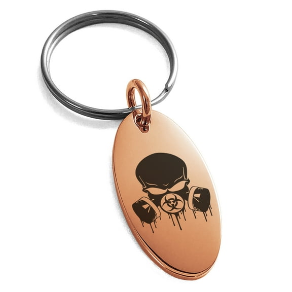 Stainless Steel Biohazard Skull Gas Mask Engraved Small Oval Charm Keychain Keyring