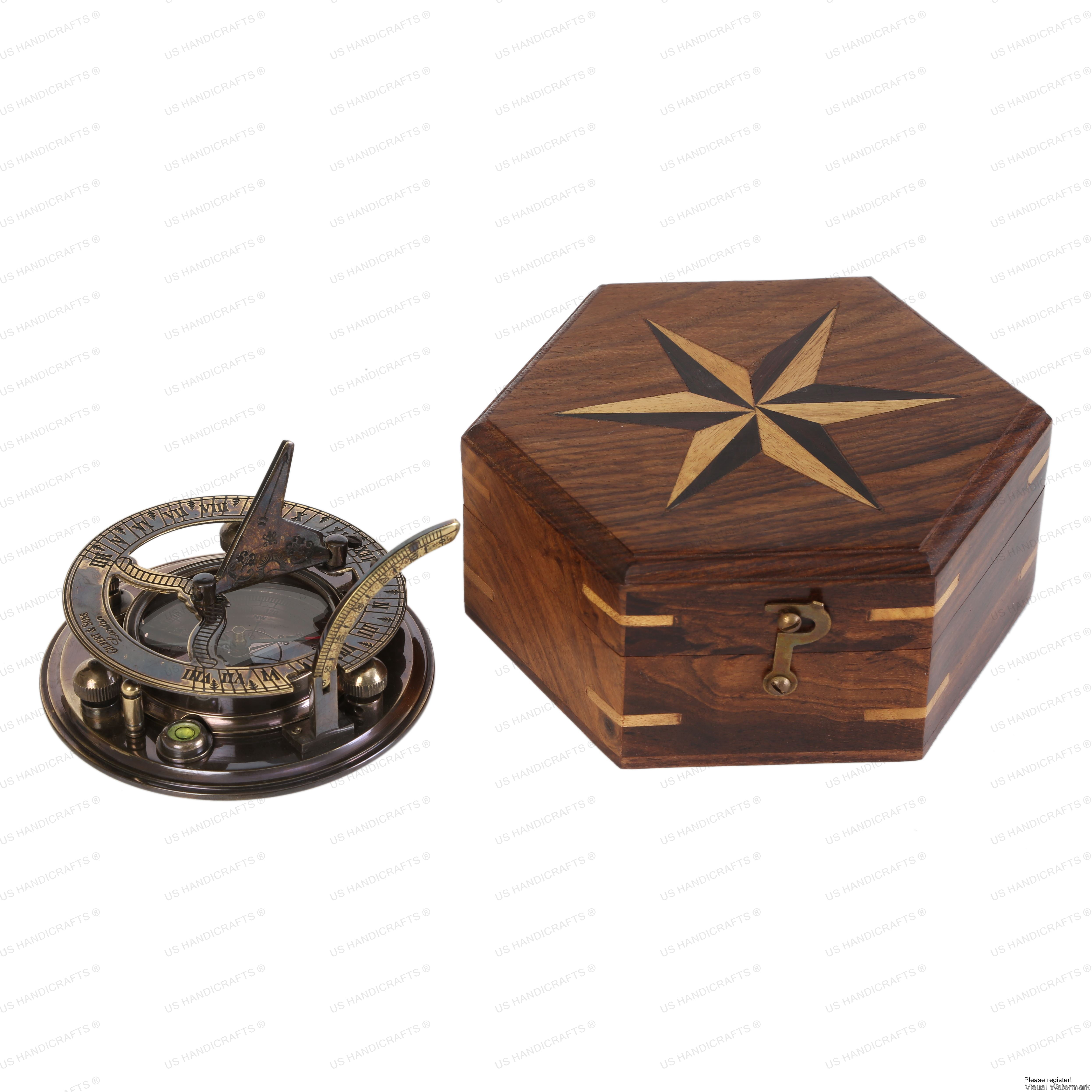 US HANDICRAFTS Vintage Compass Navigation Instrument Brass Sundial Compass with Wooden Case & Calendar Engraved Baptism Gifts for Loved Ones, Son, Love, Partner Compass for Camping, Hiking, Touring