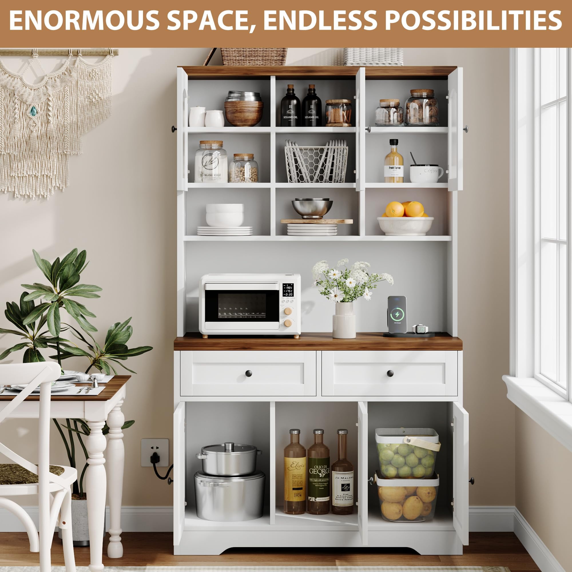 Gaderth Pantry Cabinet with Charging Station, Tall Kitchen Pantry Storage Cabinet with Hutch, 70.8 Inch Kitchen Cabinet, Kitchen Hutch with Storage Drawers, Fluted Glass Doors