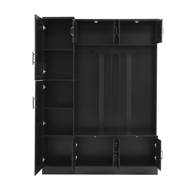 Farmhouse Hall Tree with Storage Cabinets, 79'' H Coat Rack with 4 Hooks and Adjustable Shelf, Entryway Bench with Shoe Storage for Hallway, Living Room