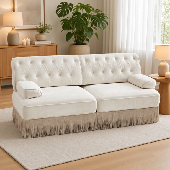 Chesterfield Sofa, 2-Seat Velvet Tufted Loveseat with Tassel Fringe Skirt, Modular Sectional Couch, Button Tufted Lounge Sofa for Living Room Bedroom,Beige