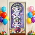 thumbnail image 5 of YaoZQ Easter Rabbit Door Banner, Cute Bunny Trio Stack on Purple Background with Wreath, Spring Party Front Door Decoration, Purple, 35 x 71 in, 5 of 7