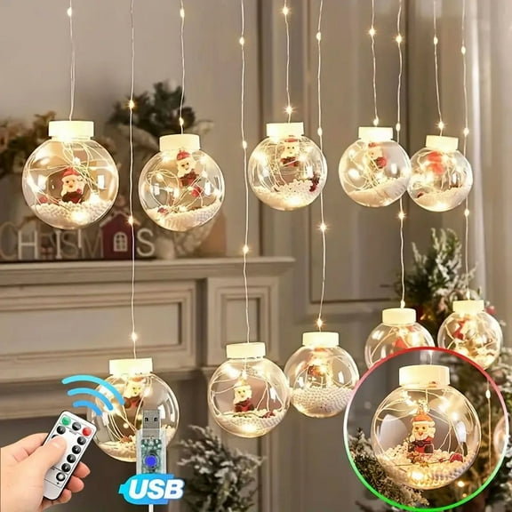 1pc Christmas Lights, Mixed Style 8-Mode Wish Ball String Light with Santa Claus and Snowman Designs, Curtain Decorations for Fall & Winter Holidays
